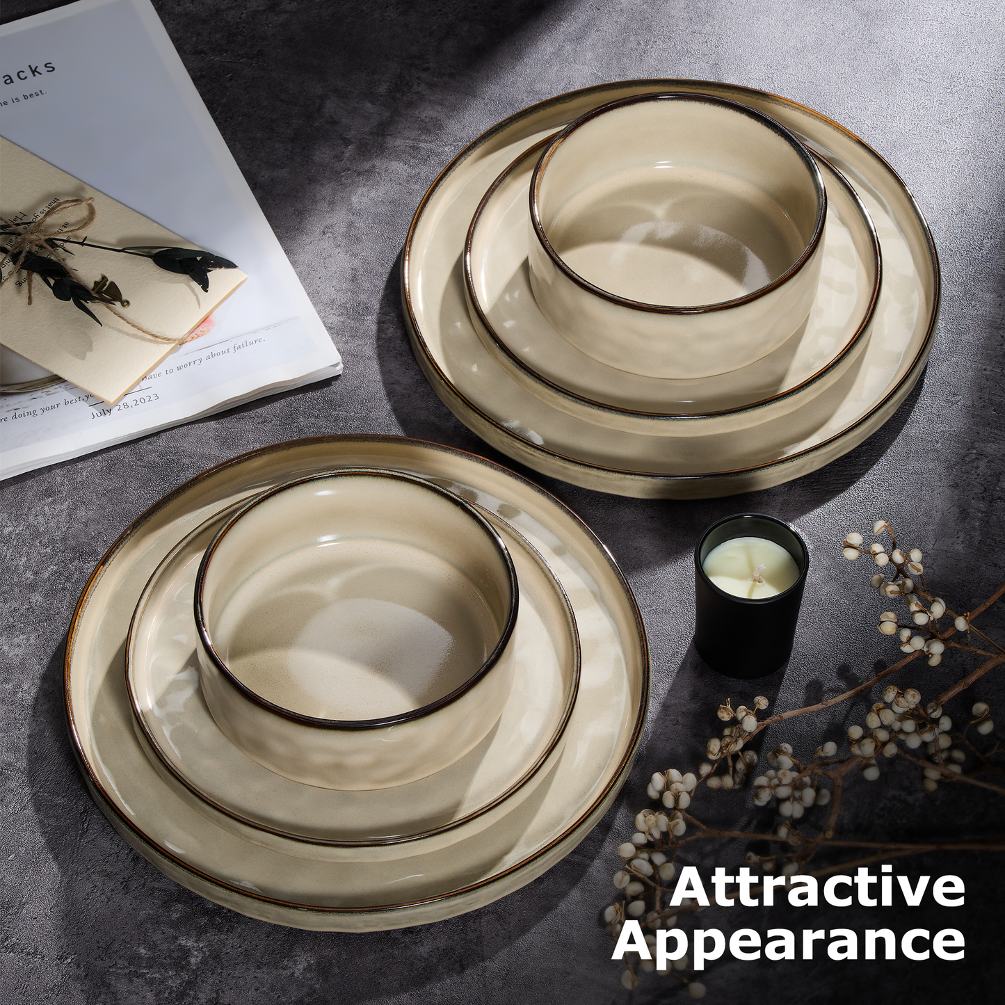 Onader Dinnerware Sets for 6, 18-Piece Plates and Bowls Set, Stoneware Dish Set for Kitchen, Ceramic Dinnerware for Home Restaurant, Chip and Scratch Resistant, Microwave and Dishwasher, Saturn Khaki