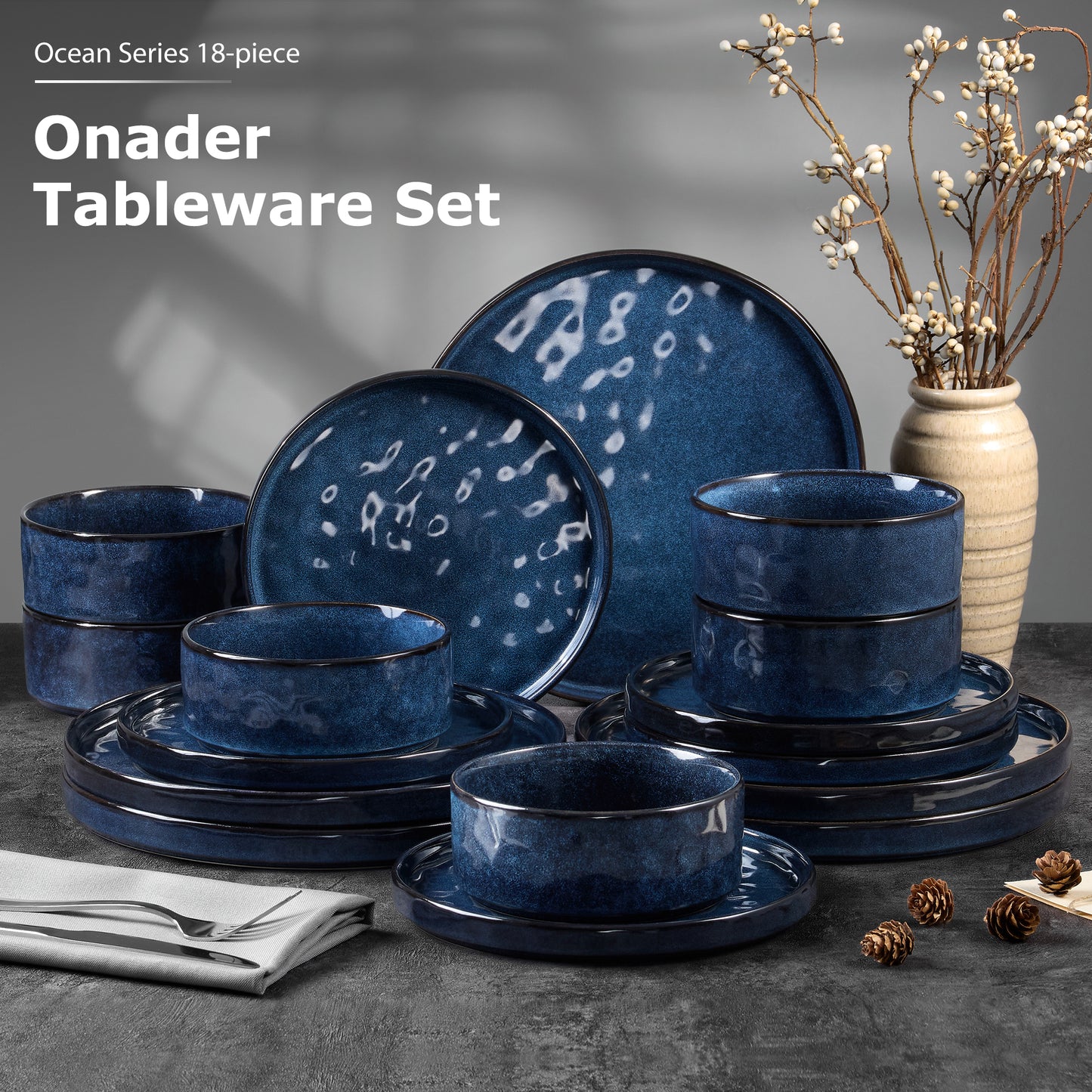 Onader Dinnerware Sets for 6, 18-Piece Plates and Bowls Set, Stoneware Dish Set for Kitchen, Ceramic Dinnerware for Home Restaurant, Chip and Scratch Resistant, Microwave and Dishwasher, Starry Blue