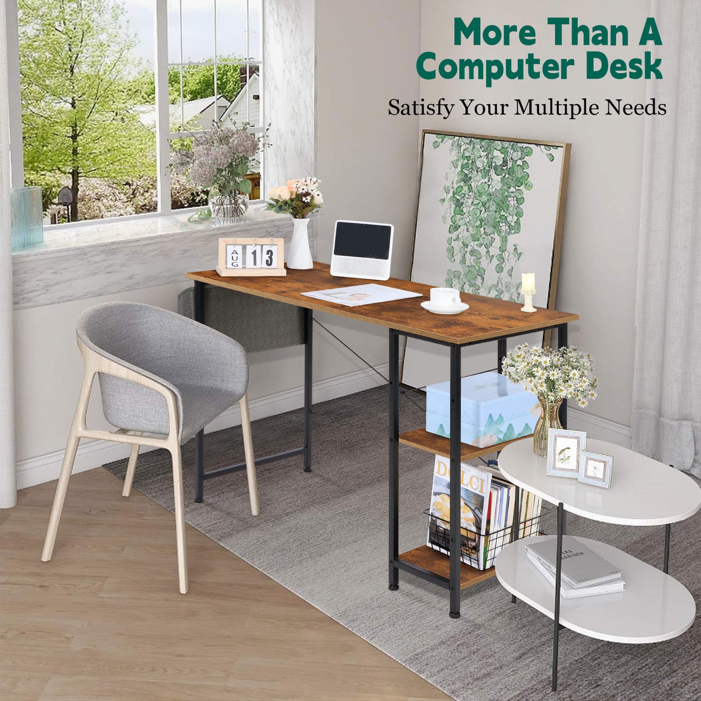 Vesteel 43 inch Computer Desk, Reversible Home Office Corner Desk With Storage Shelves and Bag, Rustic Brown Modern Simple Style Study Writing Table