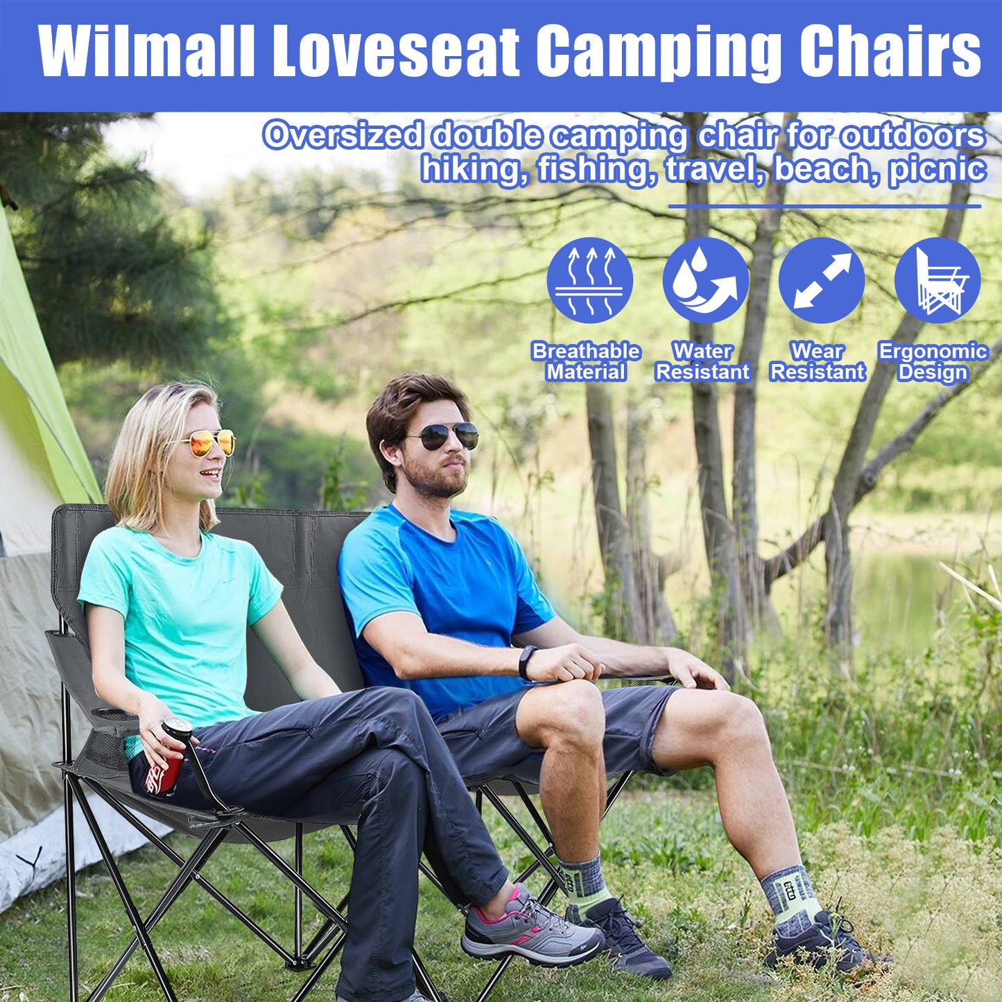 Vesteel Double Camping Chair with Portable Table, Love Seat Folding Chair for Adults, Cup Holders & Carry Bag for Outside, Travel, Picnic, Beach(Gray)
