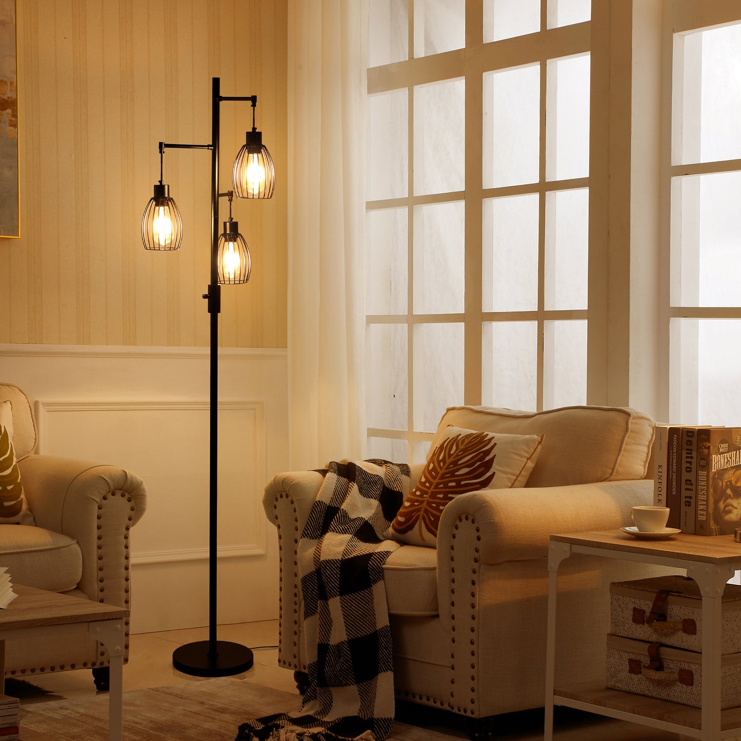 Vesteel Floor Lamp for Living Room, Industrial Dimmable Lamp with 3 Teardrop Cage and Bulbs, Farmhouse Standing Tree Lamp Design for Bedroom Office Dining Room