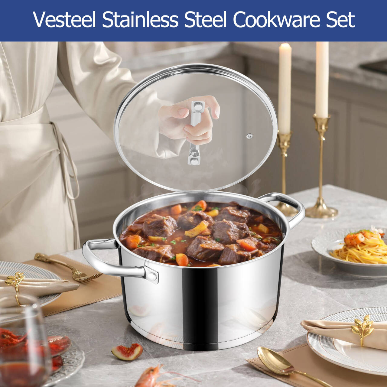 Vesteel 10 Pcs Stainless Steel Pots and Pans Sets, Kitchen Cookware Set of 6, Induction Cooking Pot & Saucepans with Lids, Nonstick Frying Pans & Saute Pan
