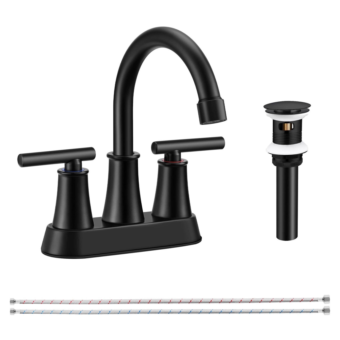Vesteel Two Handle 4" Bathroom Faucet, Modern Bat Sink Faucet with 360 Swivel Spout for Bathroom, Hotel, RV, with Pop Up Sink Drain and Two Water Supply Lines, Matte Black
