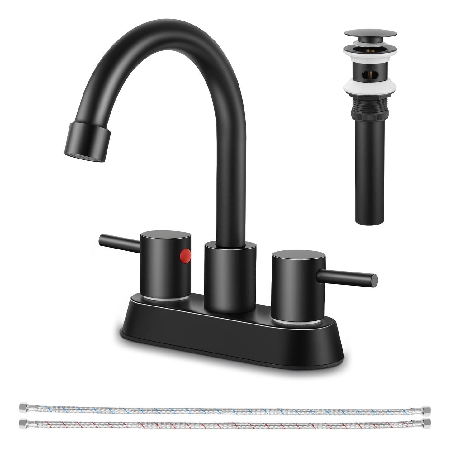 Vesteel Two Handle 4 inch Bathroom Faucet, Modern Bat Sink Faucet with 360 Swivel Spout for Bathroom, Hotel, RV, with Pop Up Sink Drain and Two Water Supply Lines, Matte Black
