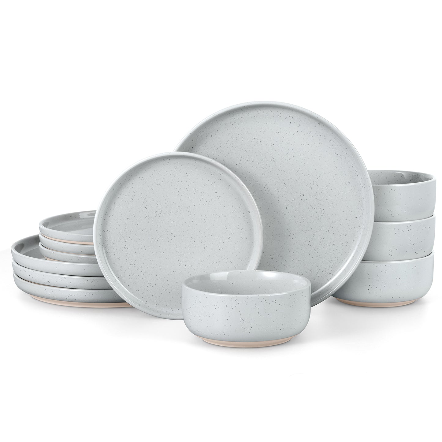 Vesteel 12-Piece Dinnerware set, Ceramic Plates and Bowls set with Makeup Clay for 4, Speckled Stoneware Dishes Set for Family, Microwave & Dishwasher Safe - Light Gray