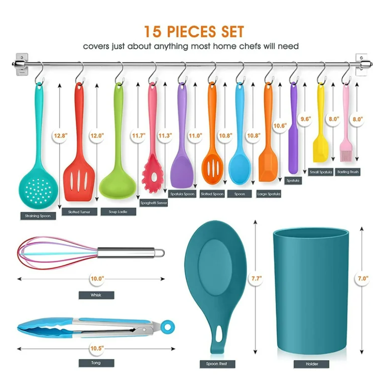 Vesteel 15 Piece Kitchen Utensils Set, Silicone Cooking Utensils with Holder, Non-Stick Cookware Friendly & Heat Resistant - Colorful