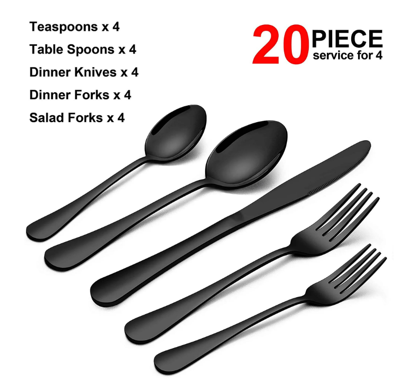 Black Silverware Set, Vesteel 20 Piece Stainless Steel Flatware Cutlery Set for 4, Mirror Finish, Dishwasher Safe