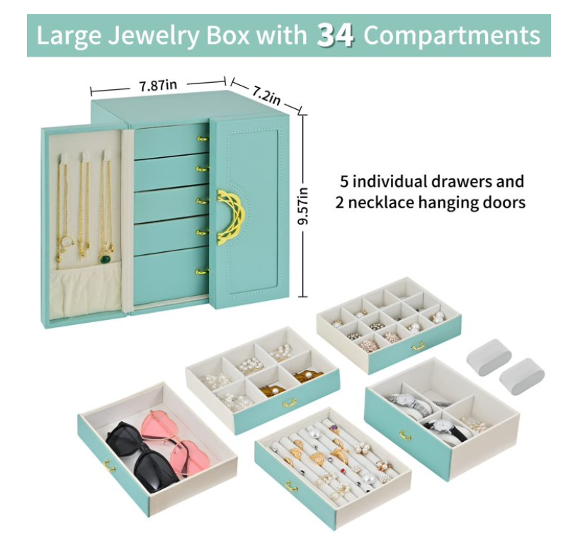 Vesteel Jewelry Box for Women Girl, 5-Layer Large Jewelry Organizer Leather Jewelry Storage Case for Rings Necklaces Earrings Watches, Perfect Gift for Thanksgiving Christmas (Blue)