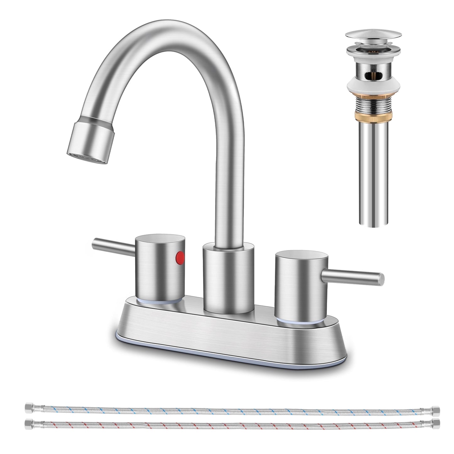 Vesteel 4 inch 2-Handle Brushed Nickel Bathroom Faucet, Modern Bat Sink Faucet with 360 Swivel Spout for Bathroom, Hotel, RV, with Pop Up Sink Drain and Two Water Supply Lines