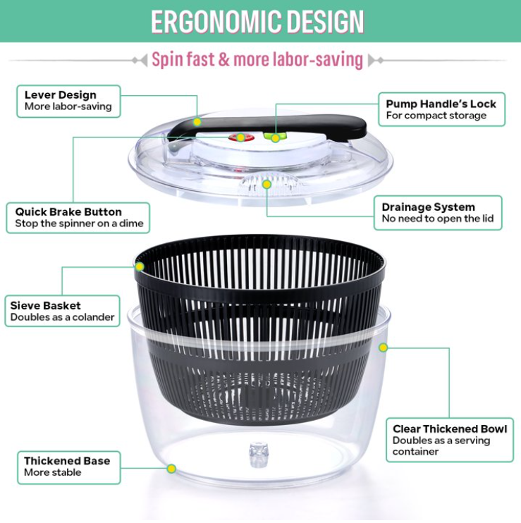 Vesteel Salad Spinner, Manual Lettuce Spinner with Large 5 Quart Capacity Bowl and Colander Basket