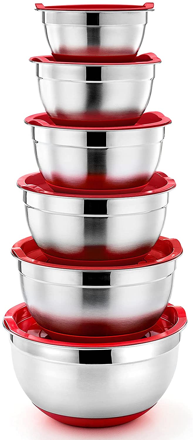 Red Mixing Bowl with Lid Set of 6, Vesteel Stainless Steel Nested Metal Bowls for Kitchen Mixing, Stirring & Food Preparation, Size 0.7, 1, 1.5, 2, 2.6, 4.6 Qt