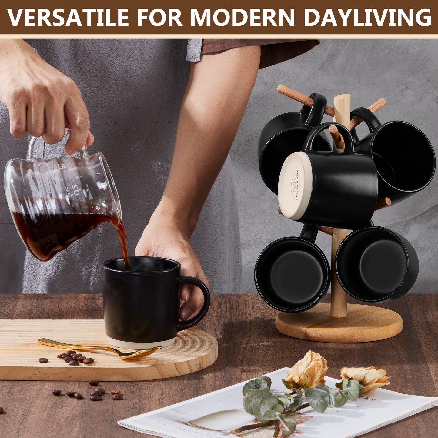 Vesteel Coffee Mugs Set of 6, 12oz Ceramic Coffee Cups Set with Makeup Clay for Coffee Tea Milk, Mug Gifts for Thanksgiving Day Anniversary, Matte Black