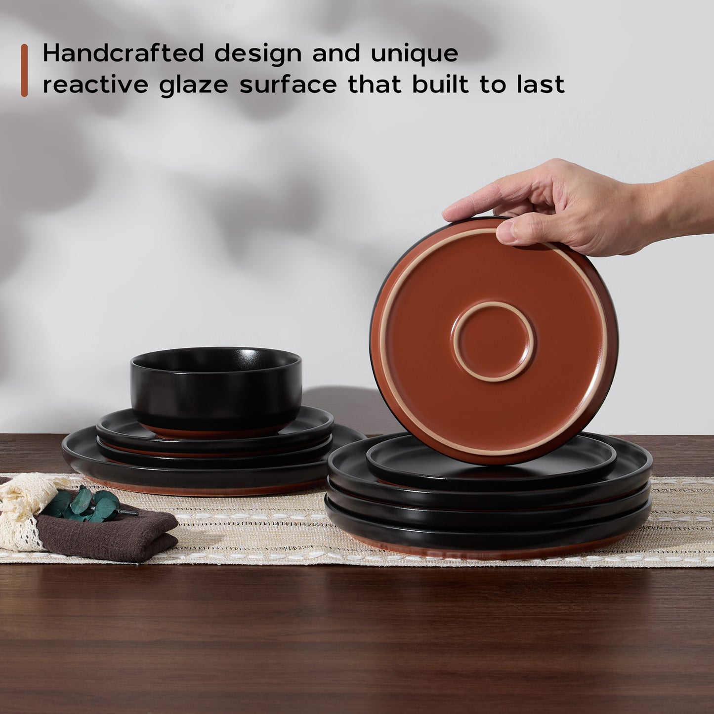 Onader 12-Piece Dinnerware Sets, Plates and Bowls Set for 4, Stoneware Dishware for Home Restaurant, Dishwasher & Microwave Safe, Matte Black