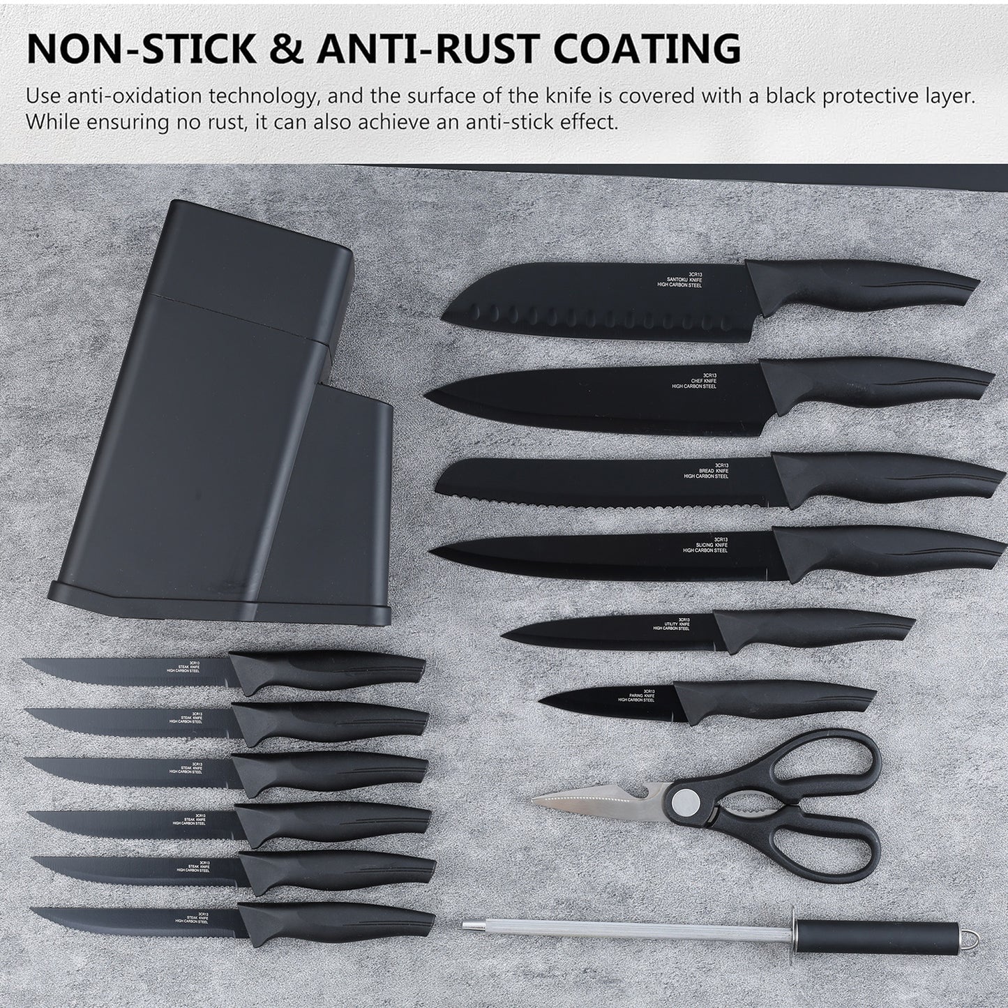 Vesteel Knife Set for Kitchen with Block, 15 Pcs Stainless Steel Kitchen Knife Set with Self Sharpening - Black