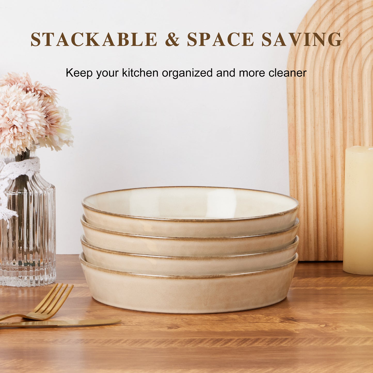 Vesteel Pasta Bowls Set of 4, 34oz Salad Plates for Home Kitchen, Double Reactive Glaze Large Wide Ceramic Bowls for Serving Dinner, Microwave & Dishwasher Safe, Khaki