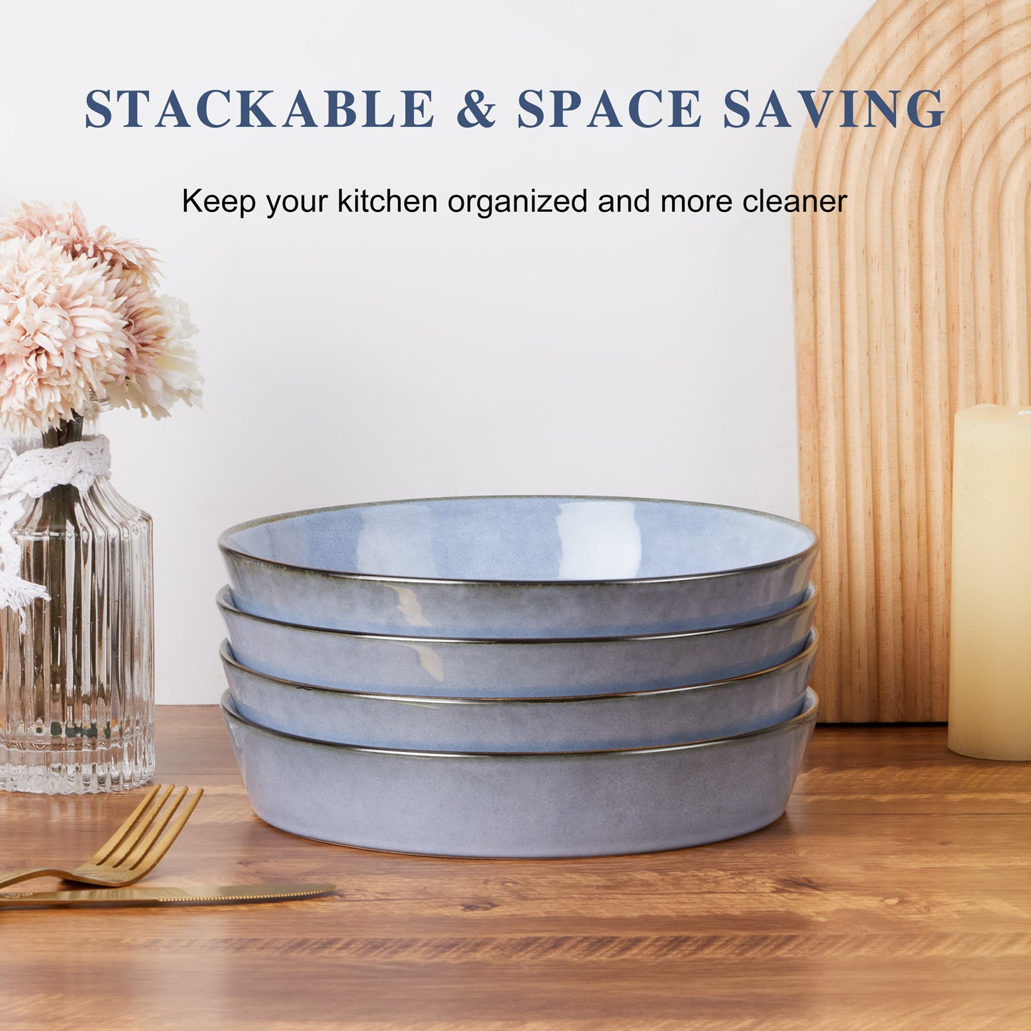 Vesteel Pasta Bowls Set of 4, 34oz Salad Plates for Home Kitchen, Double Reactive Glaze Large Wide Ceramic Bowls for Serving Dinner, Microwave & Dishwasher Safe, Grayish Blue