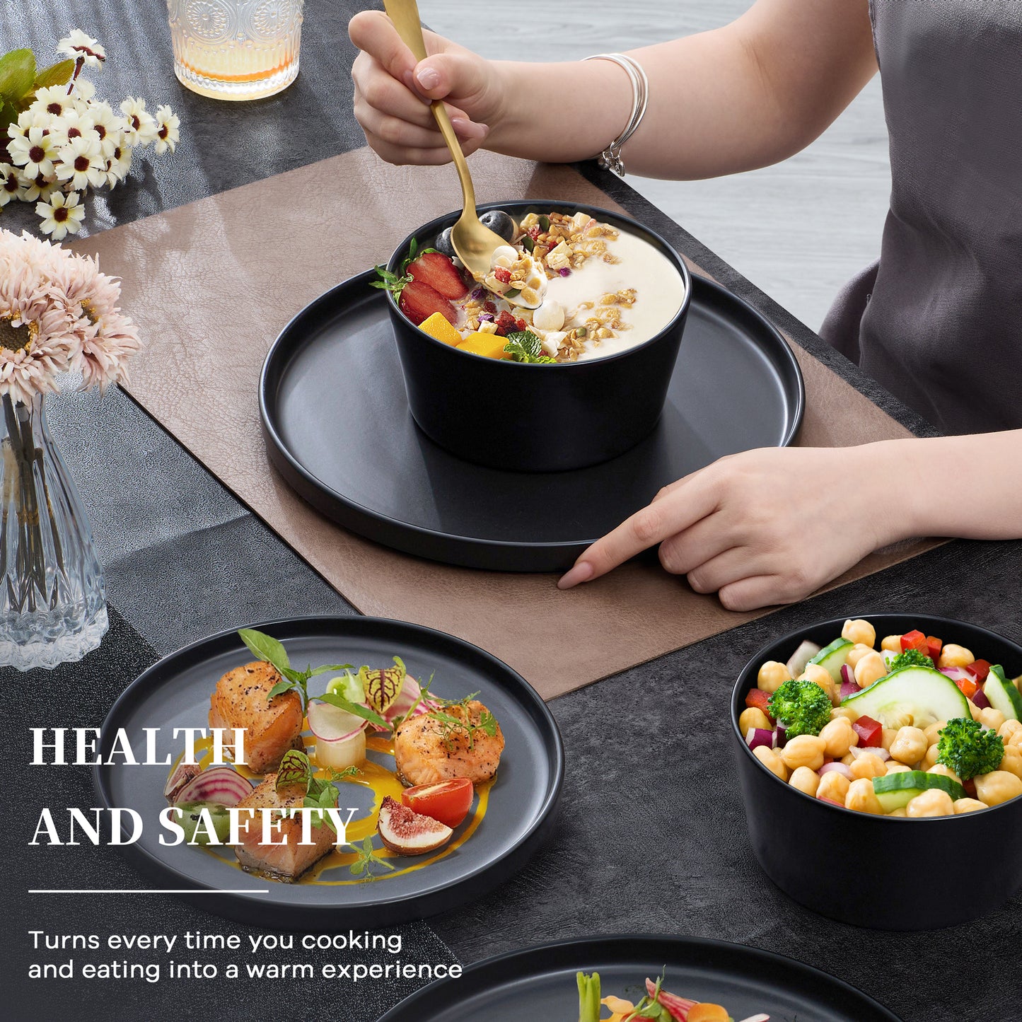 Vesteel Dinnerware Sets for 4, 12Pcs Stoneware Plates and Bowls Set, Elegant Tableware set for Home Restaurant, Chip & Scratch Resistant Dishes Set , Black