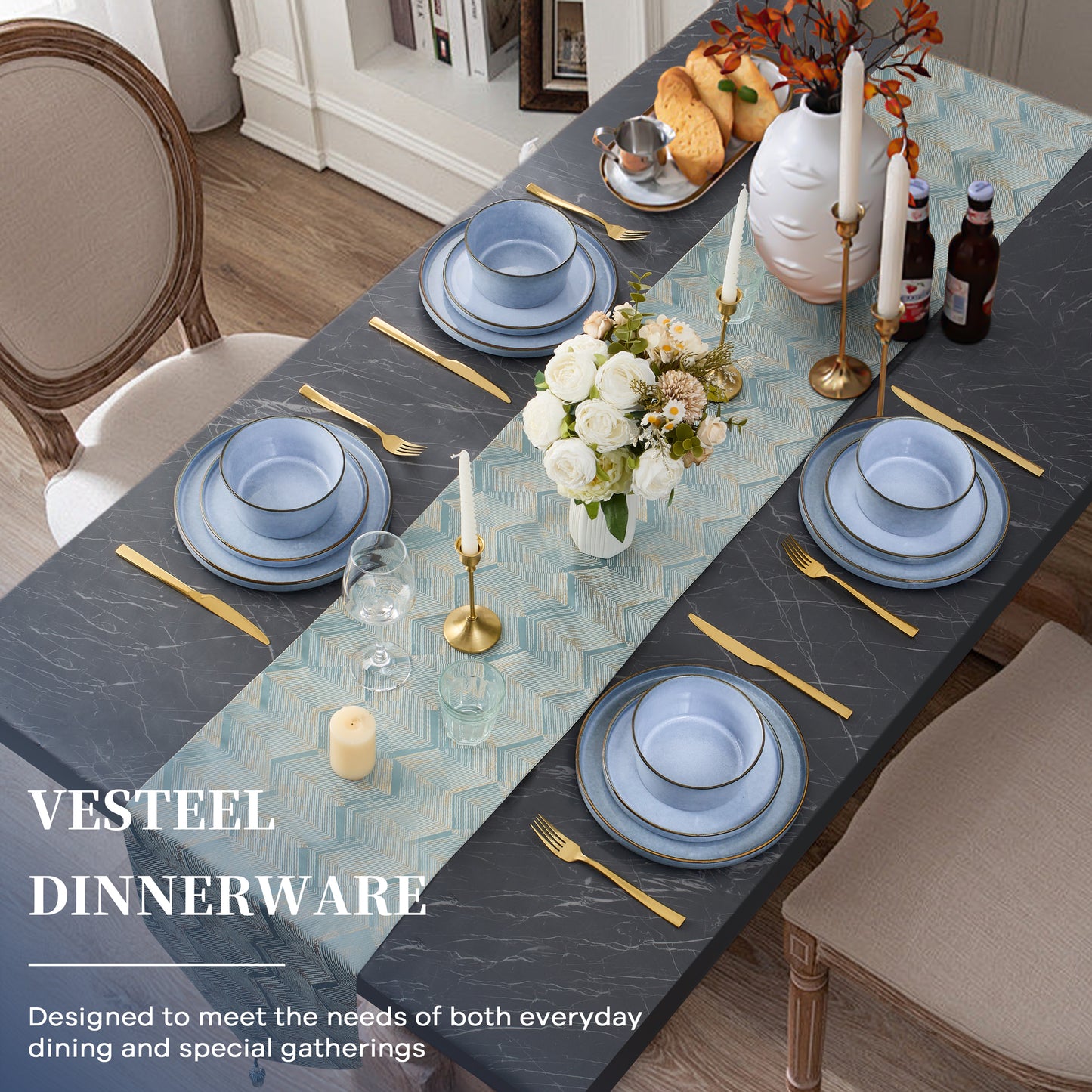 Vesteel 12Pcs Dinnerware Sets, Ceramic Plates and Bowls Sets for 4, Handmade Reactive Glaze Coupe Dishes Set for Kitchen Dining, Microwave, Uranus Blue