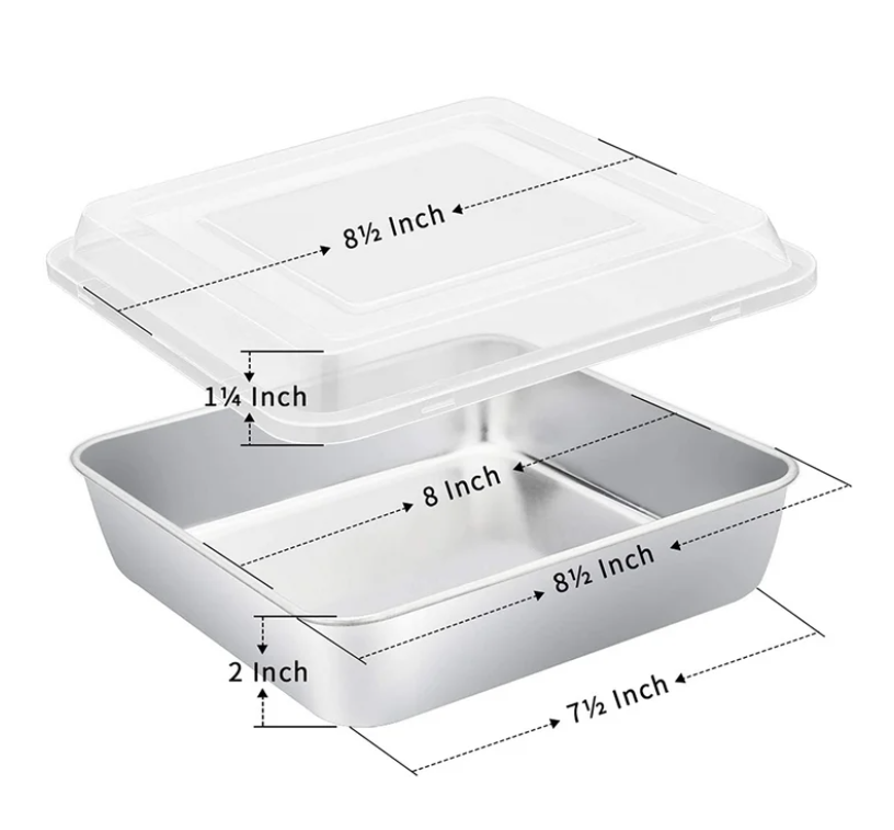 8 inch Square Cake Pan with Lid, Vesteel Non-Stick Stainless Steel Rectangle Brownies Baking Pan Set of 4, Non-Toxic & Warp Resistant, Rust Free & Dishwasher Safe (2 Pans + 2 Lids)