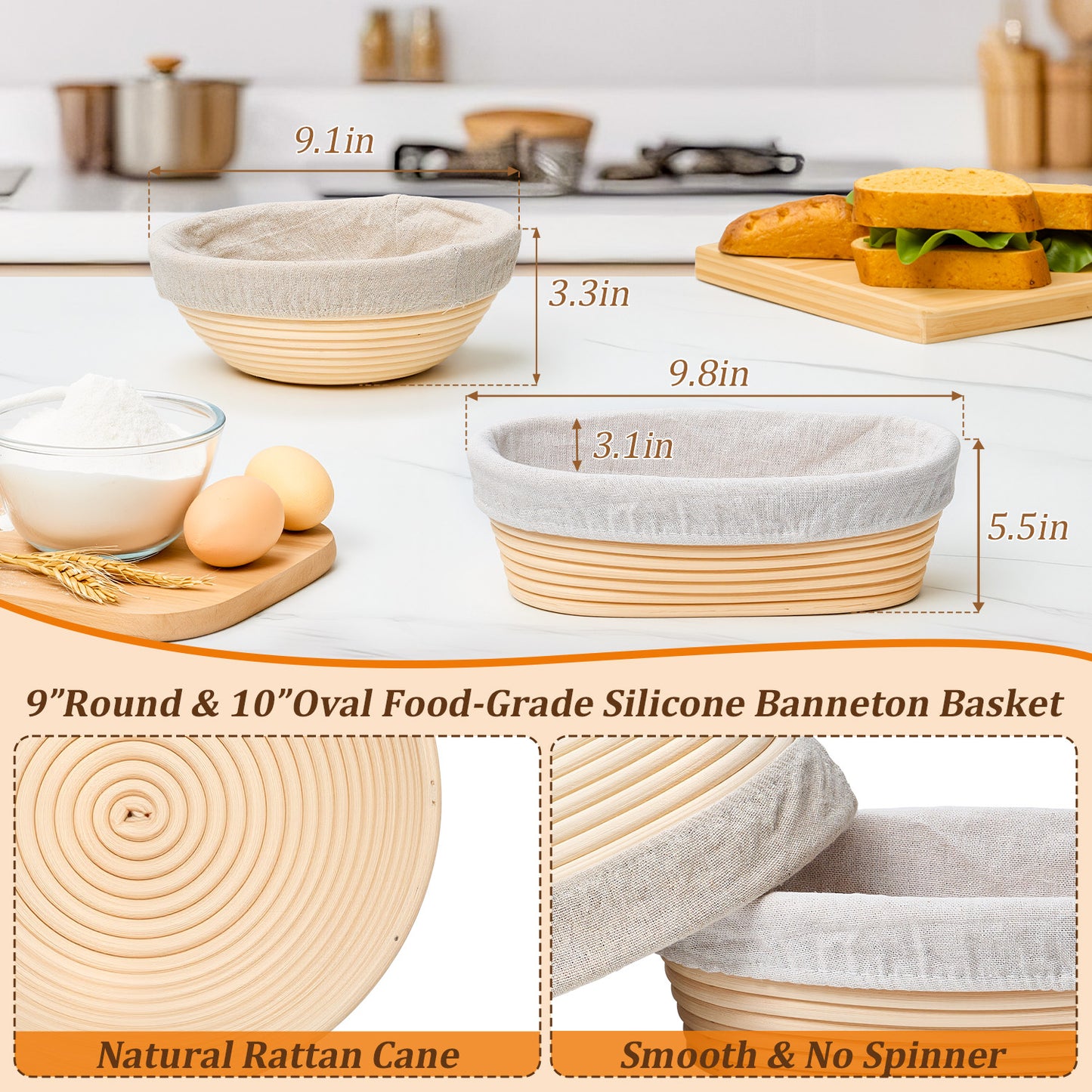 Vesteel Bread Proofing Basket Set of 2, 9” Round and 10” Oval Banneton Bread Baking Baskets with Liner, Baking Supplies Tools Included for Fermenting Baking Dough