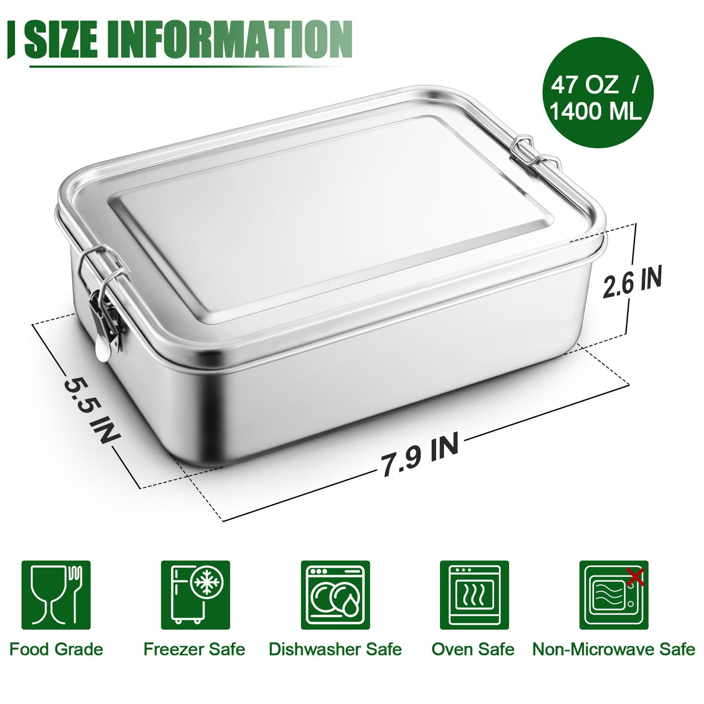 Vesteel Stainless Steel Bento Box, 47oz Lunch Box Metal Food Storage Container with Removable Dividers, Portable & Leak-Proof Meal Prep Container with 3 Compartment