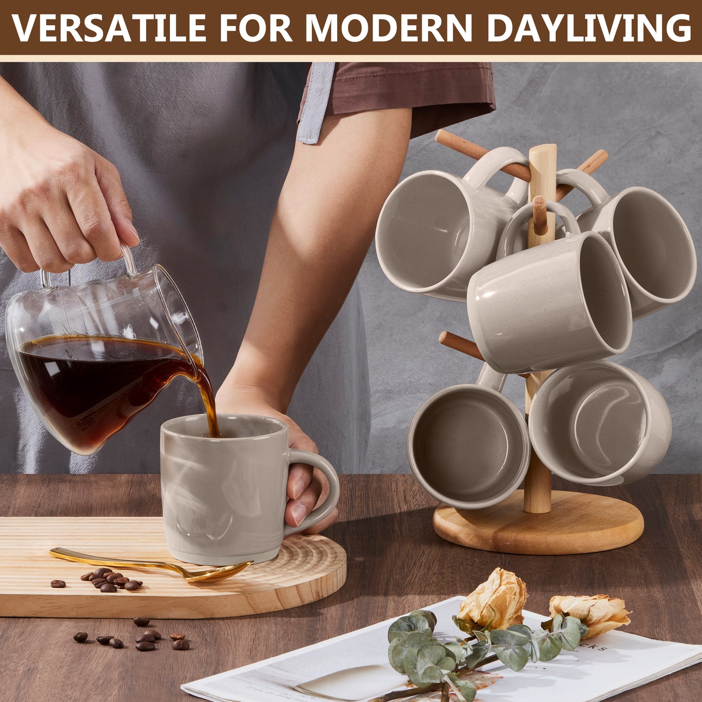 Vesteel Coffee Mugs Set of 6, 12oz Ceramic Coffee Cups Set with Makeup Clay for Coffee Tea Milk, Mug Gifts for Thanksgiving Day Anniversary, Cappuccino Brown