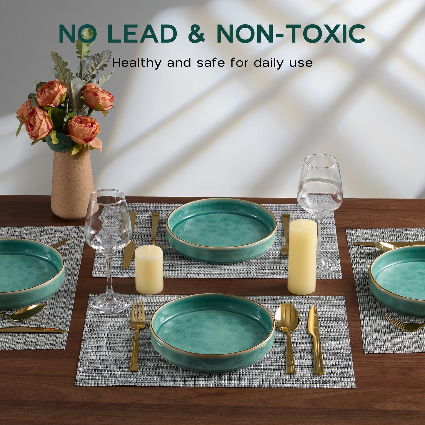Vesteel Pasta Bowls Set of 4, 30oz Stoneware Salad Bowl, Large Dinner Bowls for Eating Serving Soup Noodle Pasta, Microwave & Dishwasher Safe, Jade Green