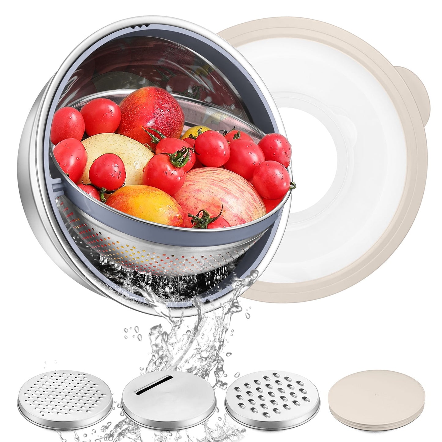 Vesteel Colander with Mixing Bowl Set, 4 in 1 Stainless Steel Food Strainer with Airtight Visible Lid and 3 Graters, Multifunctional Kitchen Prep Bowls for Washing/Draining/Mixing/ Grating - Khaki