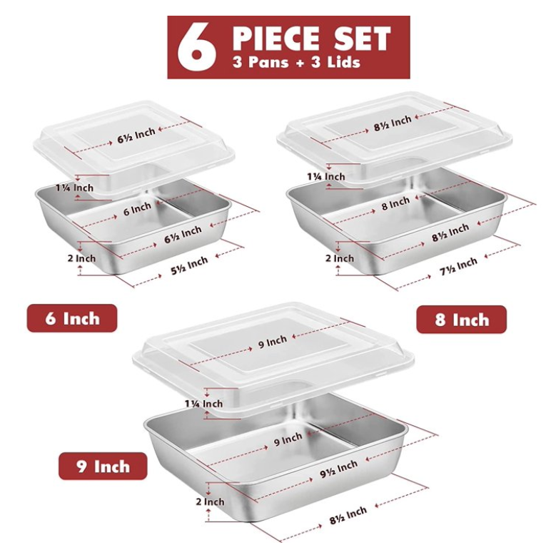 Vesteel 6-Piece Cake Pan with Lid (3 Pans + 3 Lids), Stainless Steel Square Baking Brownie Pans Bakeware Set