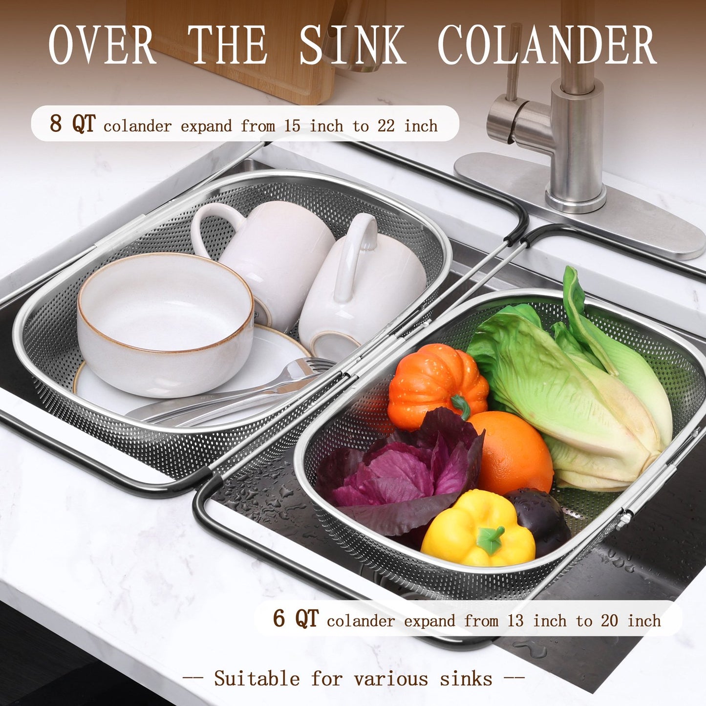 Vesteel Over the Sink Colander, 6 Quart and 8 Quart Stainless Steel Strainer Basket with Extendable Rubber Grip Handles for Kitchen Sink, with Cheese Grater Handheld