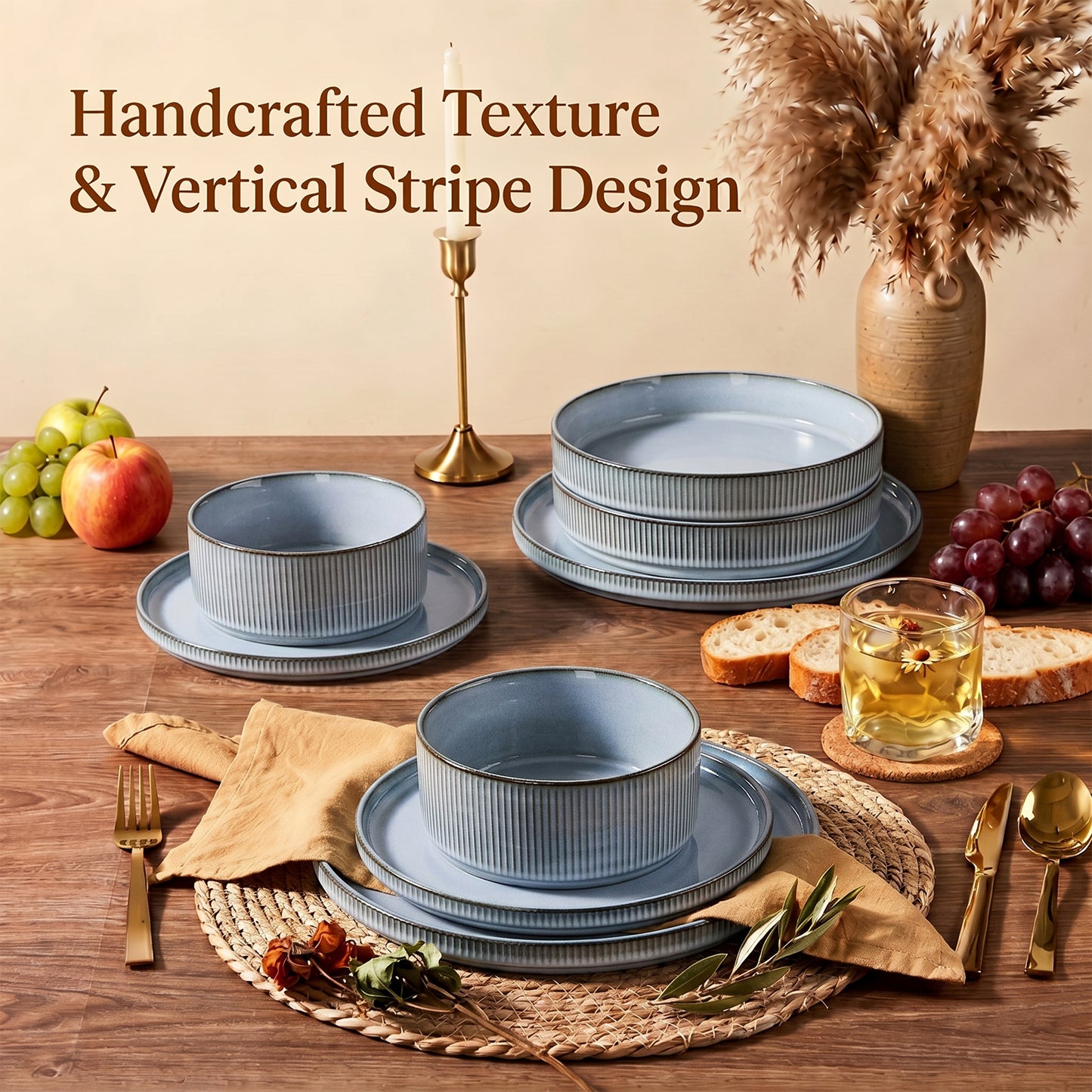 Onader 8-Piece Stoneware Dinnerware Set, Vertical Striped Reactive Glaze Plates and Bowls Sets for the Kitchen, Microwave & Dishwasher Safe, Smoke Gray