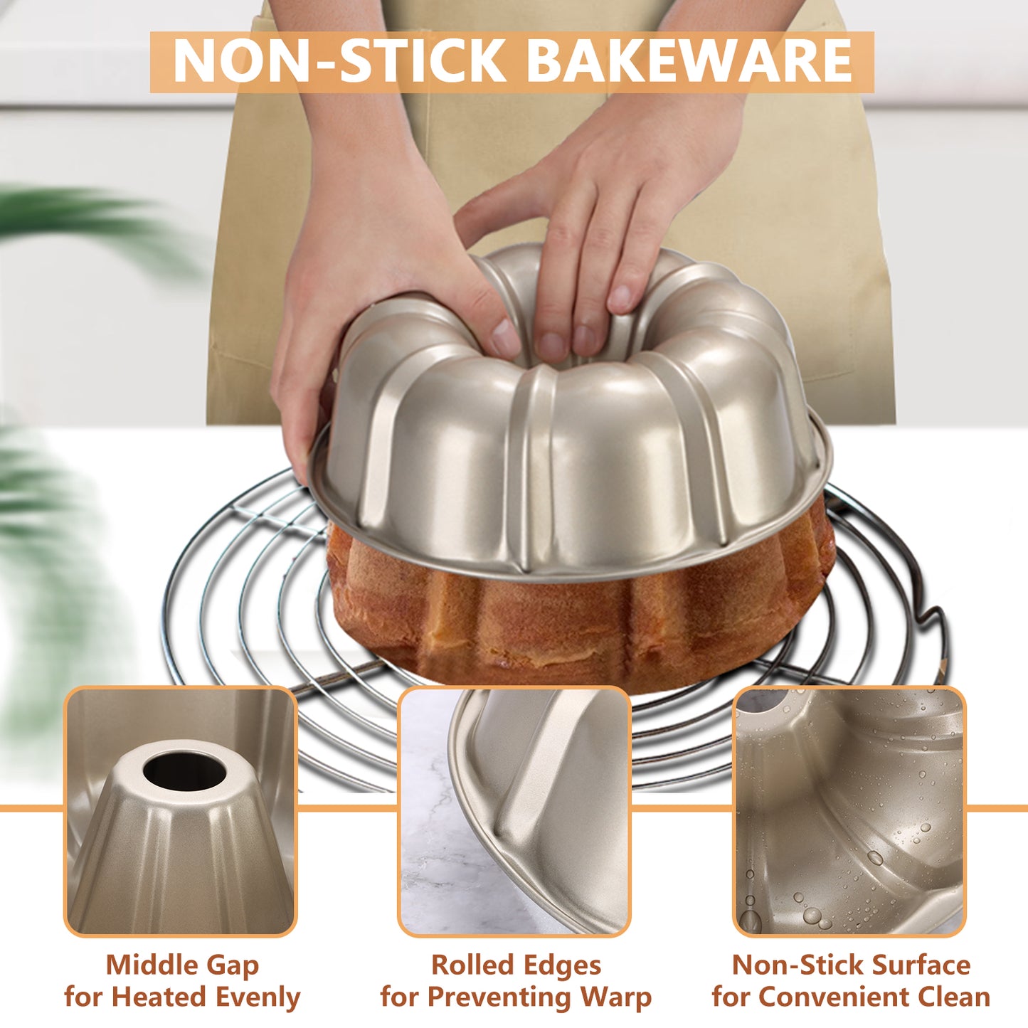 Vesteel 2 Pack Bundt Cake Pan, 10" Nonstick Fluted Cake Pans for Baking, 10 Cups Heavy Duty Carbon Steel Tube Round Cake Mold for Brownie, Pumpkin Bread, Durable & Easy Release, Gold