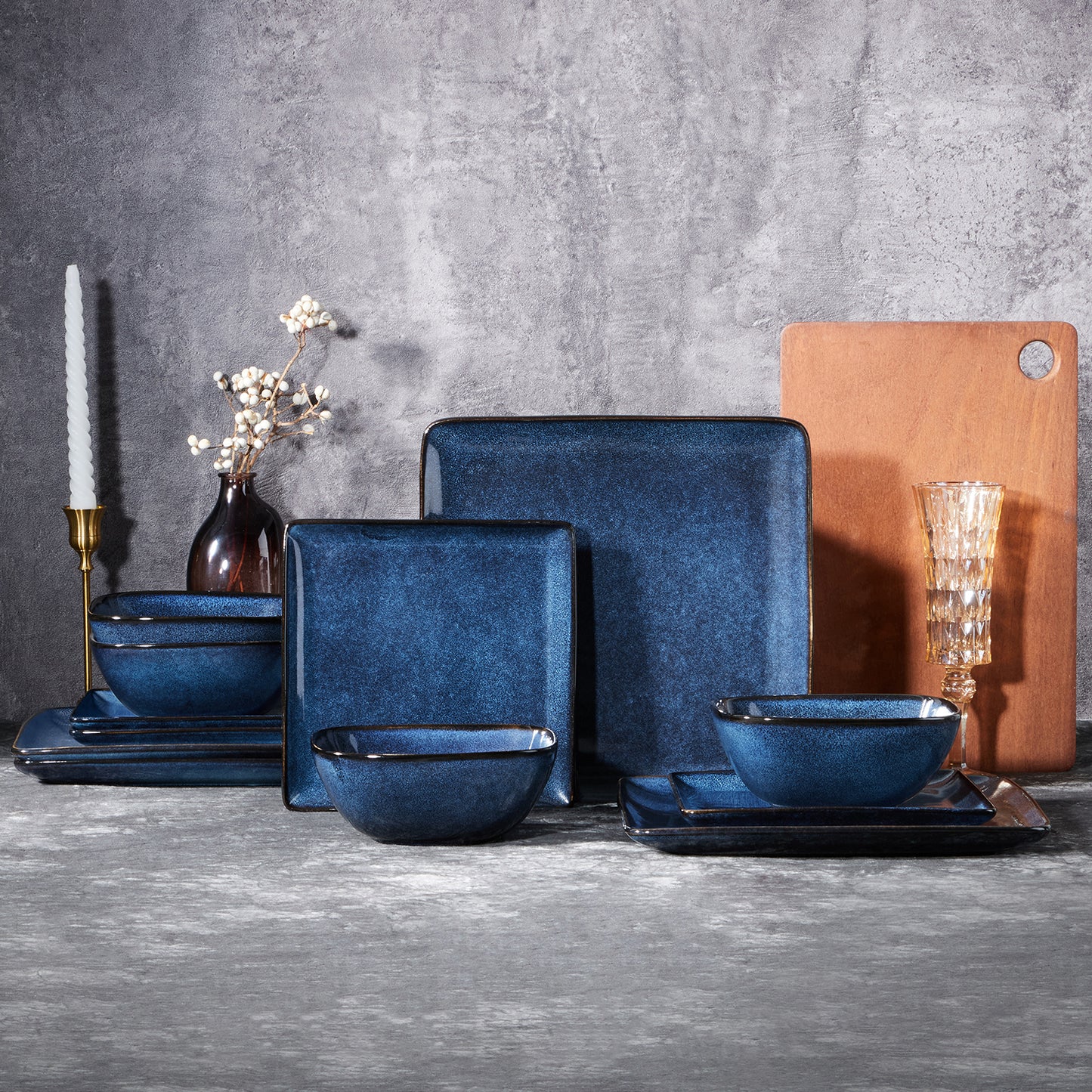 Vesteel 12 Pieces Square Dinnerware Sets, Ceramic Plates and Bowls Sets for 4, Handmade Reactive Glaze Dishes Set for Kitchen Dining, Microwave & Dishwasher Safe, Ocean Blue