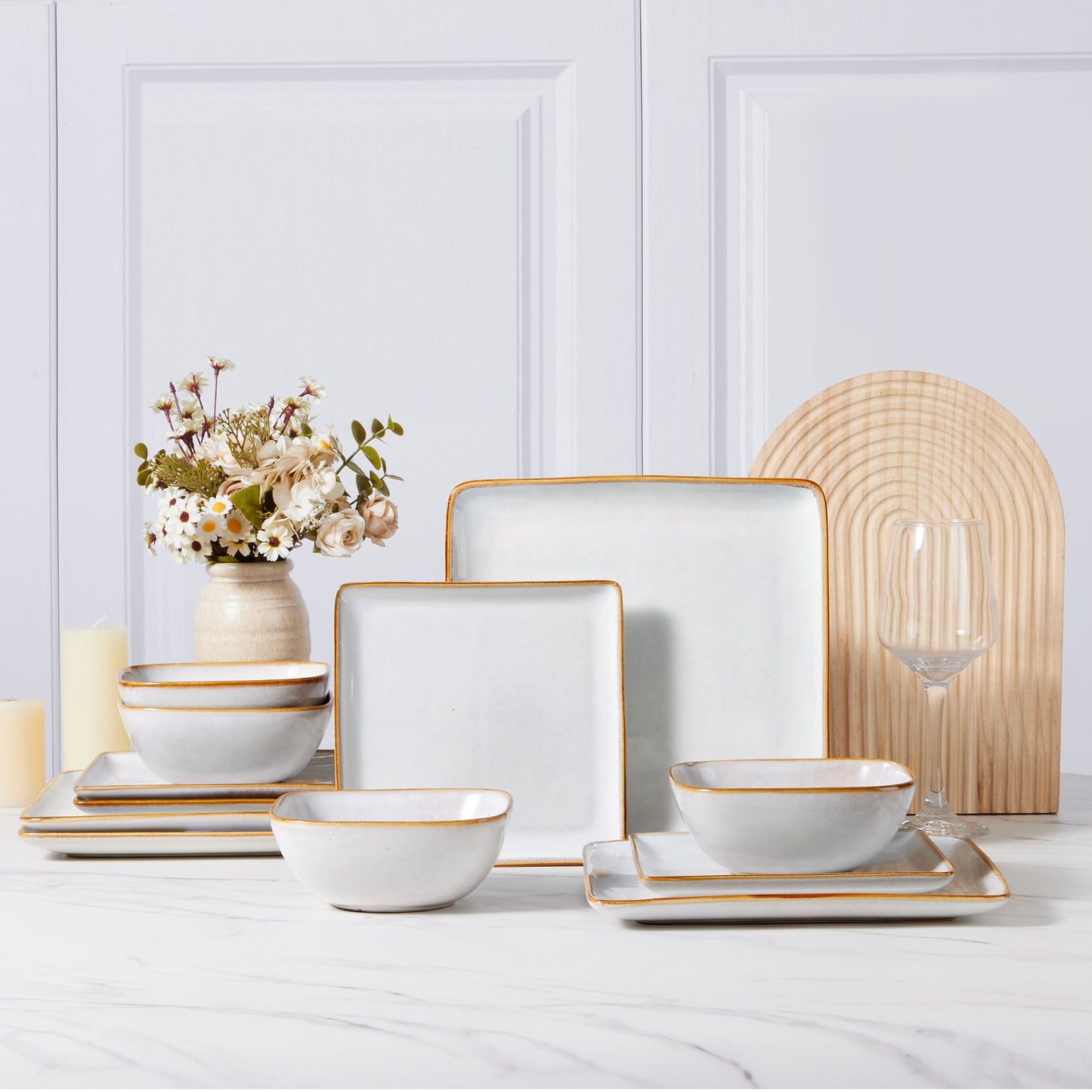 Vesteel Square Dinnerware Sets for 4, 12-Piece Stoneware Dish and Bowls Set, Handmade Reactive Glaze Coupe Plates Set, Chip & Scratch Resistant - Seashell White