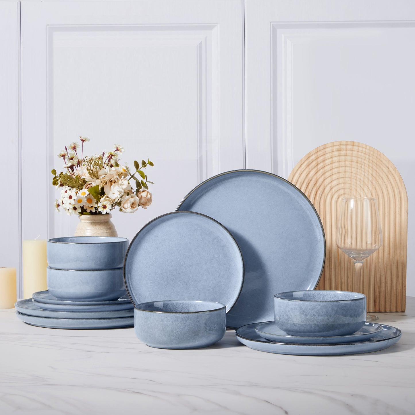 Vesteel Dinnerware Sets for 4, 12-Piece Stoneware Dish and Bowls Set, Handmade Reactive Glaze Coupe Plates Set, Chip & Scratch Resistant - Uranus Blue
