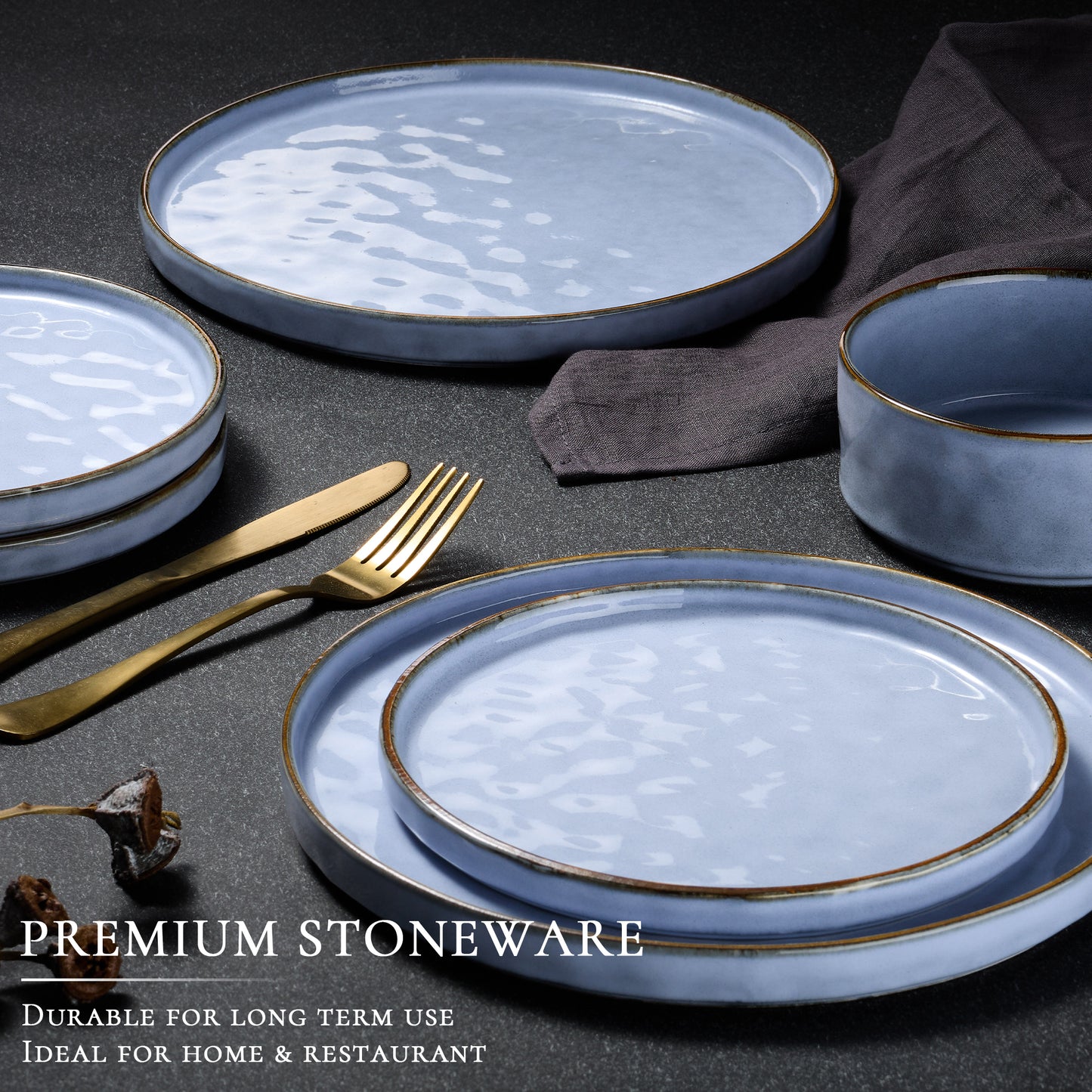 Vesteel Dinnerware Sets, 12-Piece Stoneware Plates and Bowls Set, Dishes Set for 4, Elegant Ceramic Dinnerware for Home Restaurant - Uranus Blue