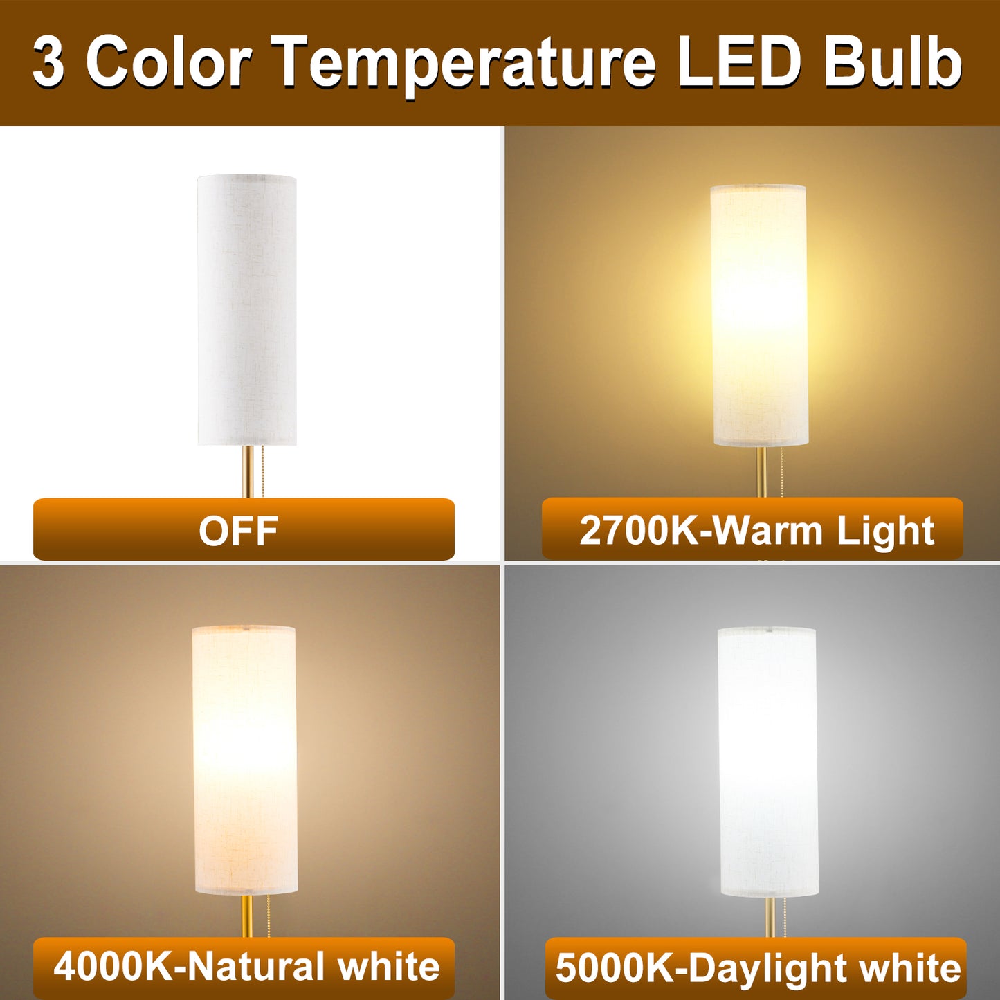 Vesteel Floor Lamp for Living Room, Modern Standing Lamp with 3 Color Temperatures LED Bulb & Linen Lampshade, Pole Lamp for Bedroom Living Room Office, Gold