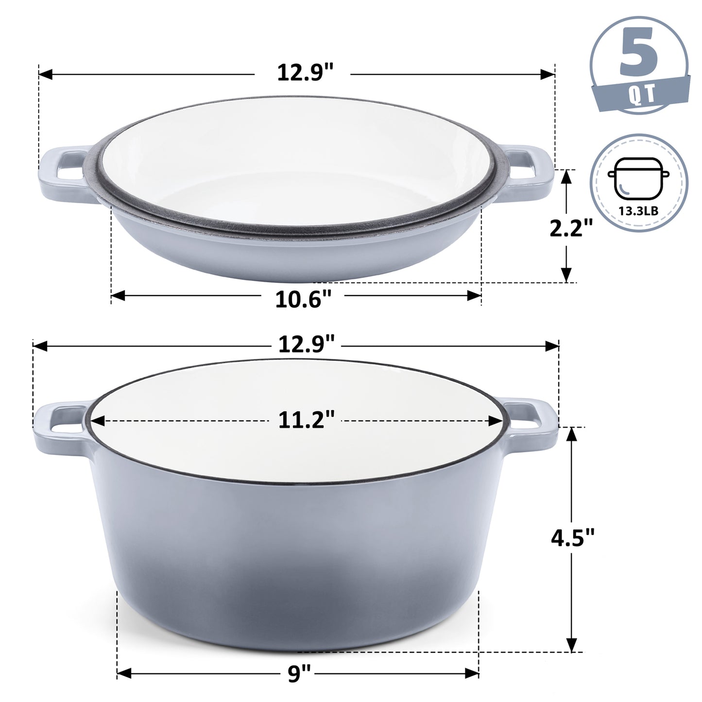 Vesteel 2-in-1 Enameled Cast Iron Dutch Oven with Skillet Lid, 5 Quart Dutch Oven Pot Cookware with Handles for Grilling, Stewing - Grey