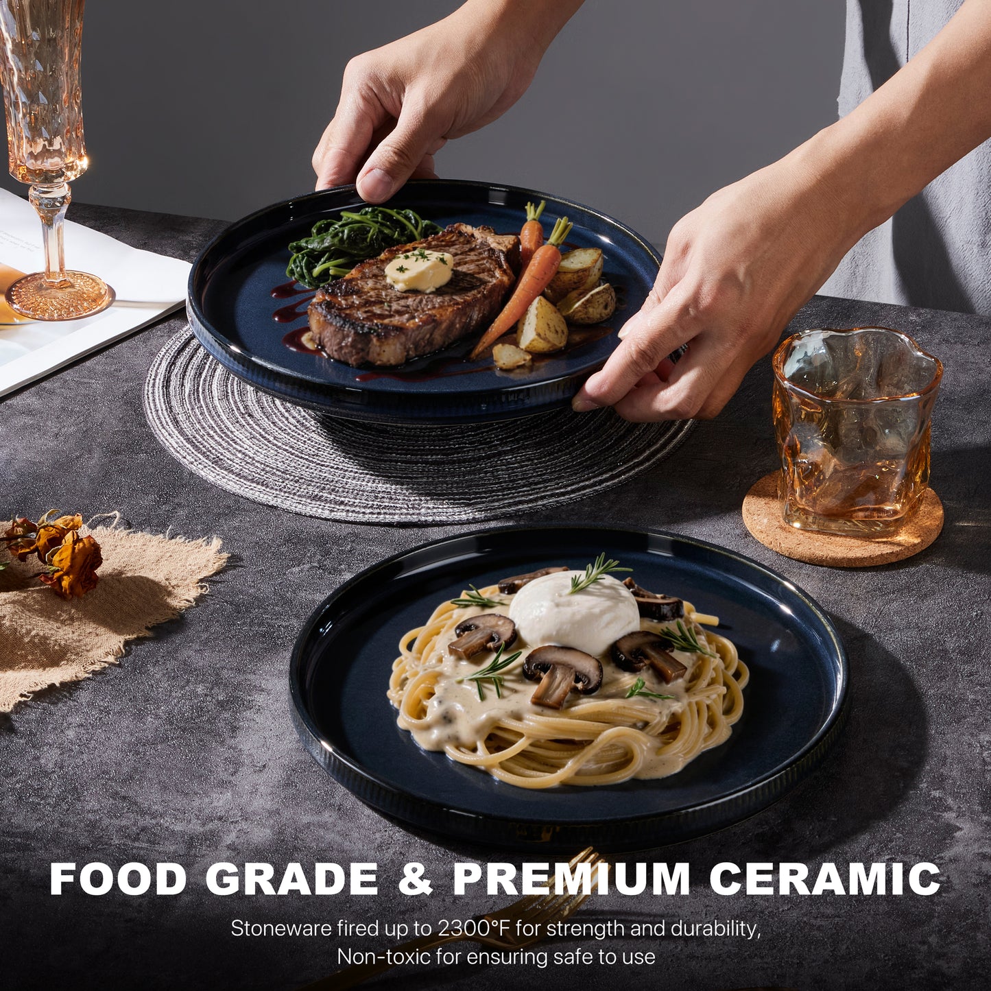 Vesteel 4 Pieces Dinner Plates Set, Premium Stoneware Ribbed Dishes, Chip & Scratch Resistant Ceramic Set for Home Restaurant, Microwave and Dishwasher Safe - Ocean Blue