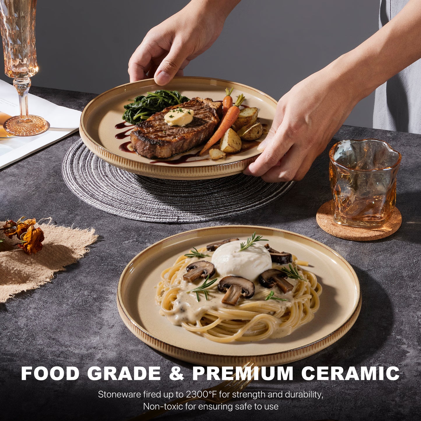 Vesteel 4 Pieces Dinner Plates Set, Premium Stoneware Ribbed Dishes, Chip & Scratch Resistant Ceramic Set for Home Restaurant, Microwave and Dishwasher Safe - Khaki