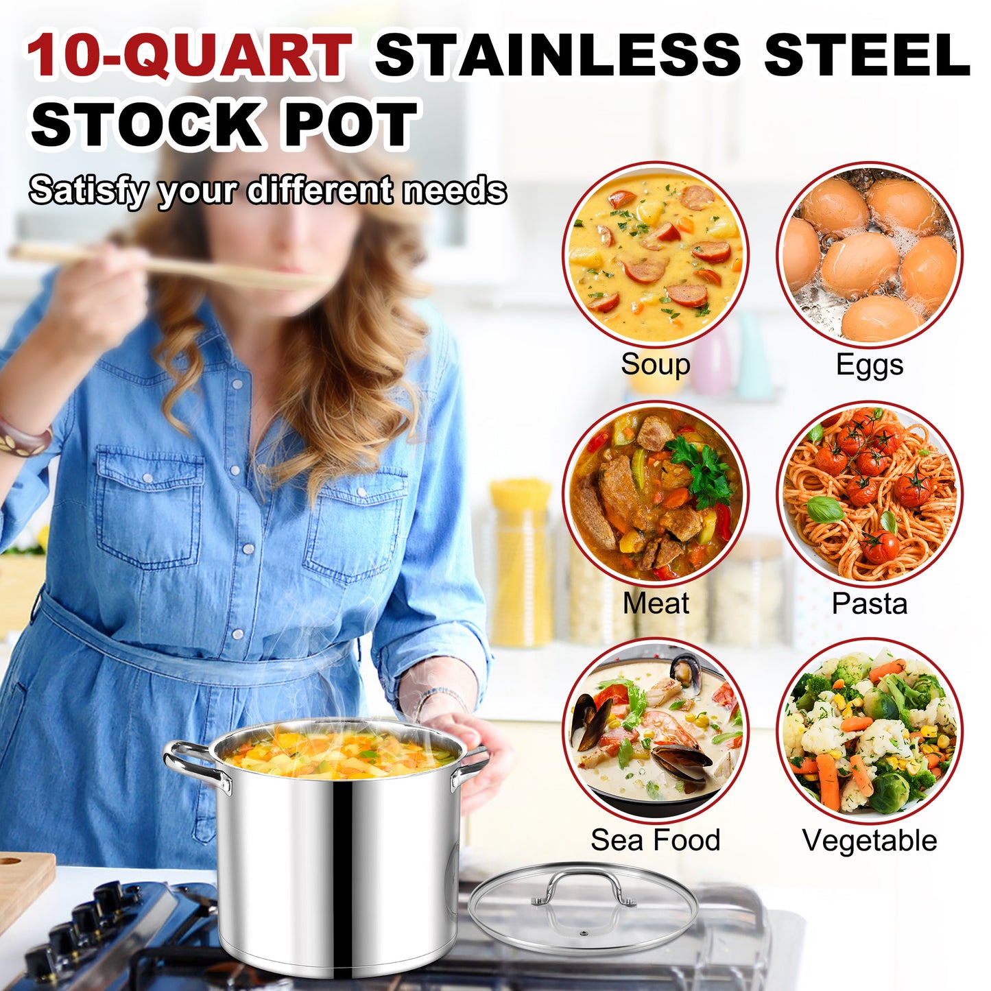 Vesteel 10 QT Stock Pot with Lid, 3 Tri-ply Stainless Steel Cooking Pot for Induction Gas Electric Stove, Big Stockpot for Cooking Soup Spaghetti, Dishwasher Safe