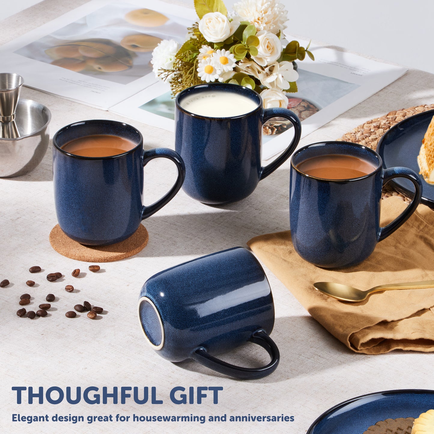 Vesteel Coffee Mug Set of 4, Ceramic Coffee Cups with Handles, 14oz Handmade Reactive Glaze Mugs set for Coffee Tea Milk, Mug Gifts for Home Office Restaurant, Ocean Blue