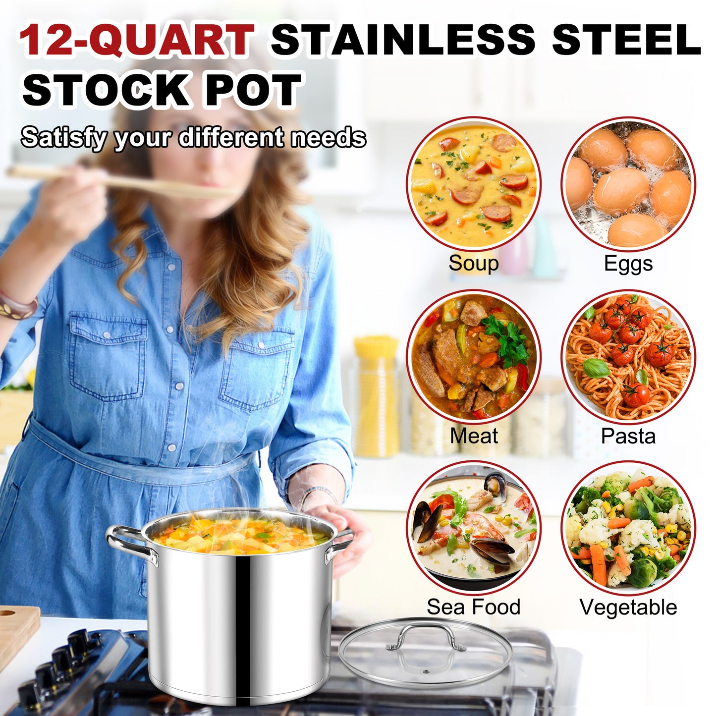 Vesteel 12 QT Stock Pot with Lid, Stainless Steel Large Cookware for Stewing Simmering, Tri-ply Bottom for Induction Gas Electric Stove, Heavy Duty & Food Grade