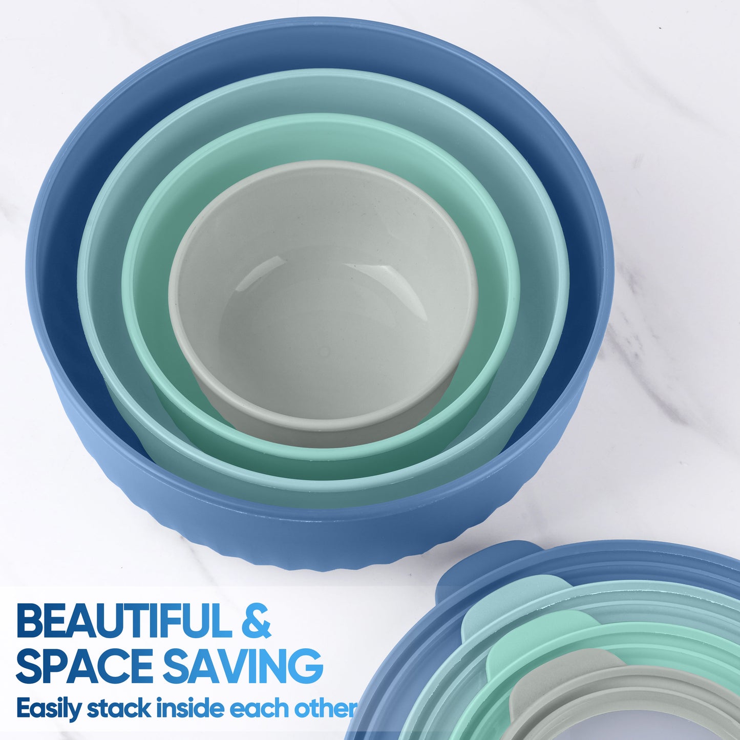 Vesteel 8Pcs Mixing Bowl Set with Lids, Nesting Plastic Bowls for for Mixing Serving Preparing Storage, Kitchen Prep Bowls, Dishwasher Safe, Dark Blue