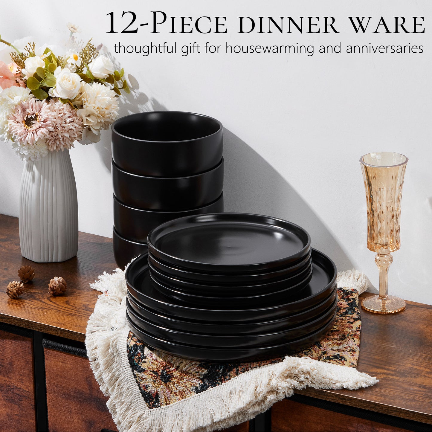 Vesteel Dinnerware Sets for 4, 12-Piece Stoneware Dish and Bowls Set, Handmade Reactive Glaze Coupe Plates Set for Family, Chip & Scratch Resistant - Matte Black