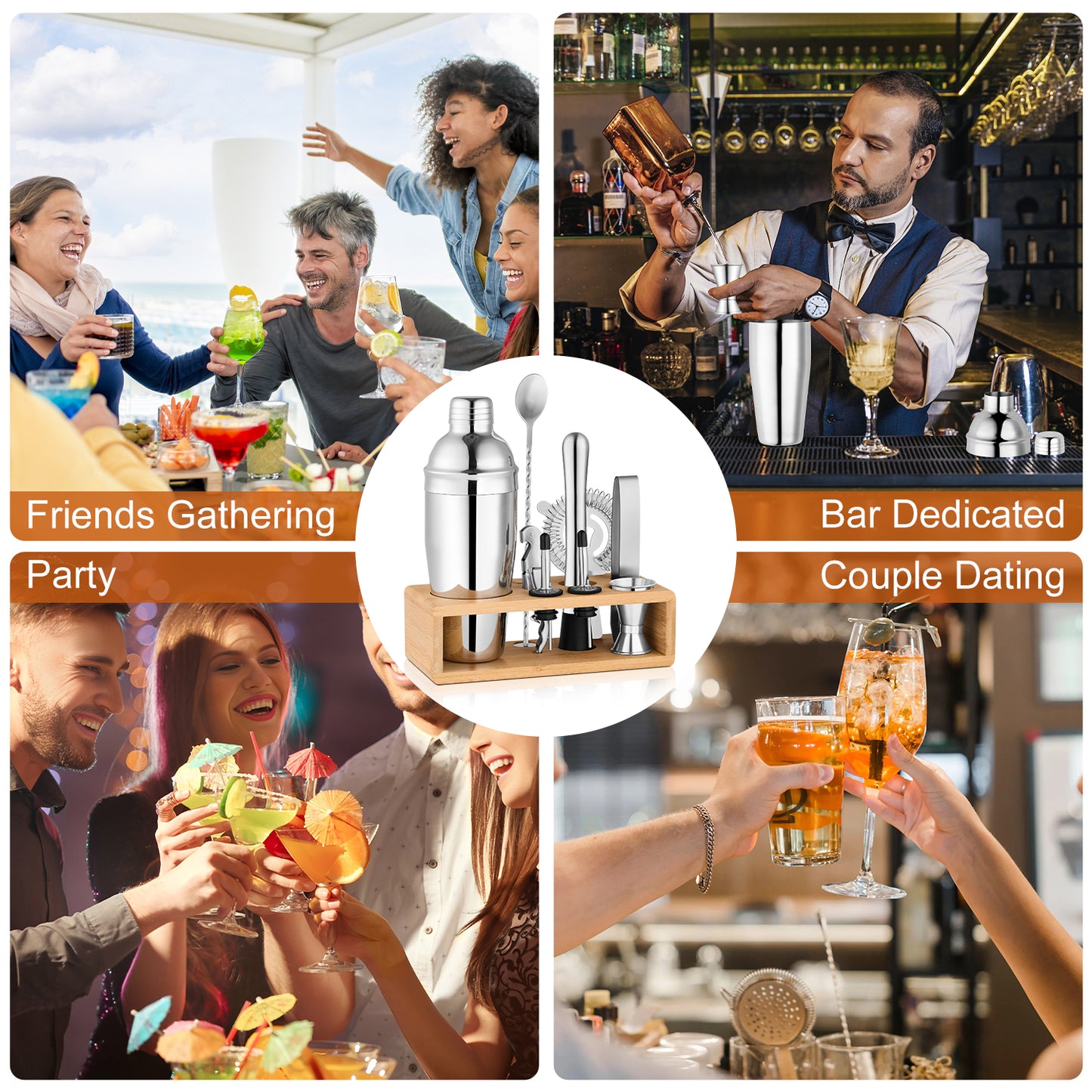 Vesteel Cocktail Shaker Set, 10Pcs Mixology Bartender Kit with Bamboo Stand, Bar Tool Set for Cocktail with Shaker, Jigger & Muddler, Bar Set, Silver