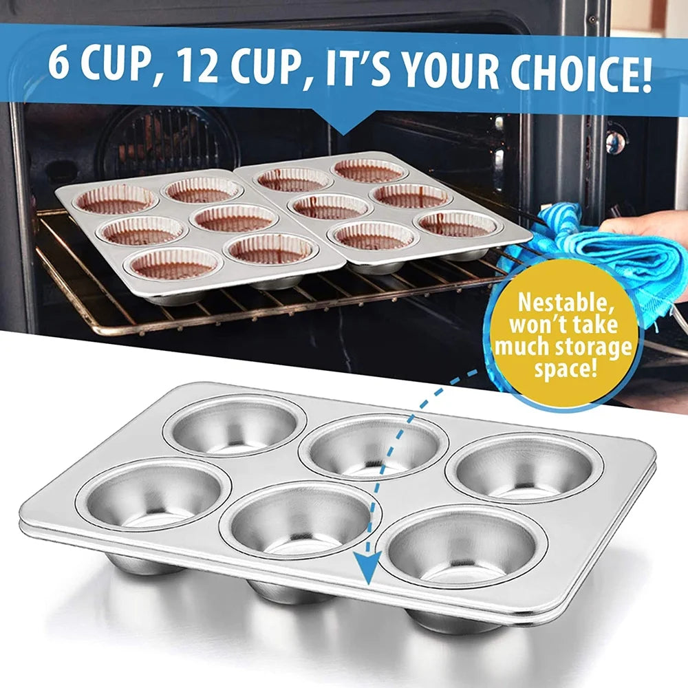 VeSteel Stainless Steel Muffin Pan Set of 2, Metal Cupcake Pan Tray for Baking, Non-Toxic, Dishwasher Safe - 6-Cup
