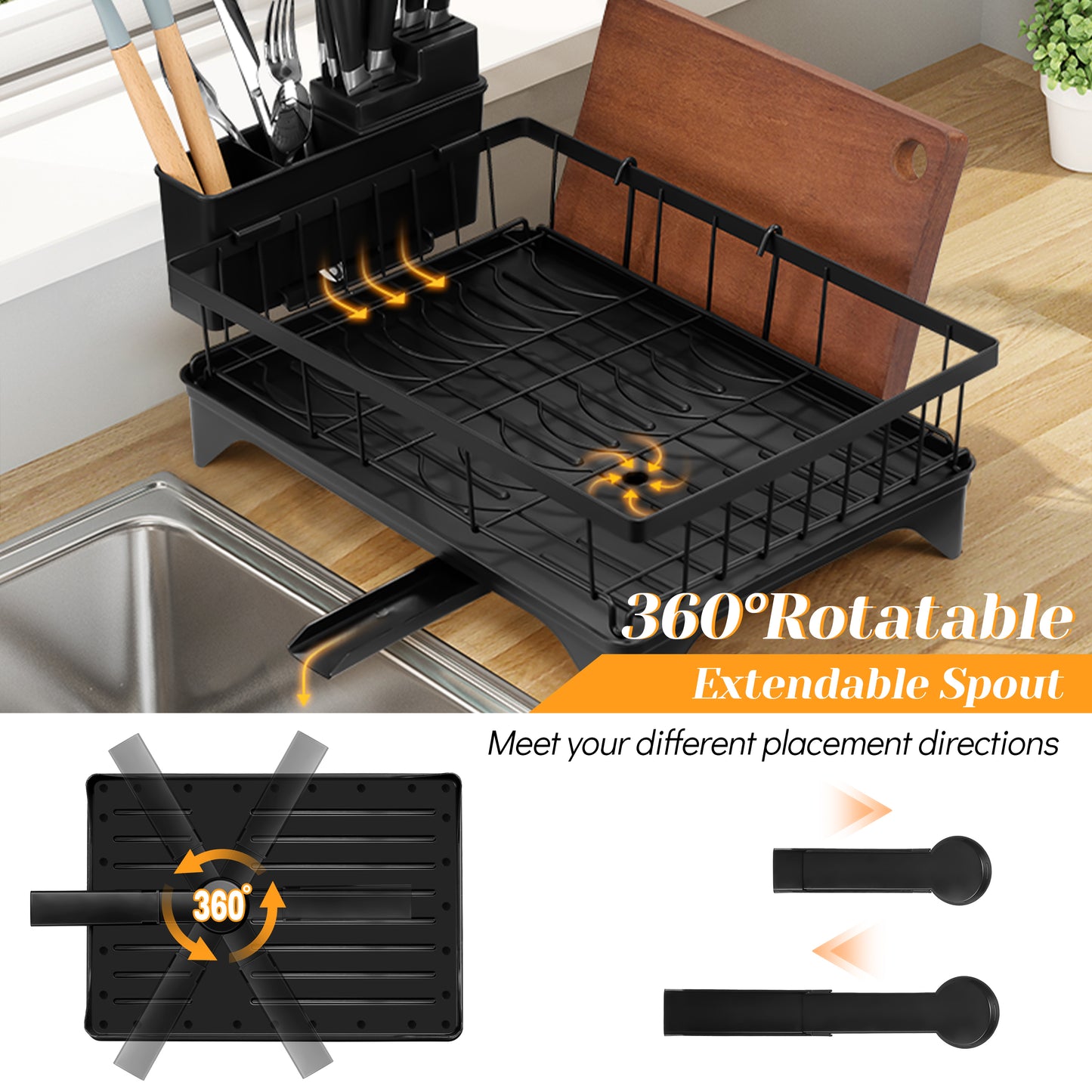 Vesteel Large Dish Drying Rack, Stainless Steel Dish Rack with Drainboard for Kitchen Counter, 2-Tier Rustproof Dish Drainer with Utensil Holder for Sink, Space Saving, Black