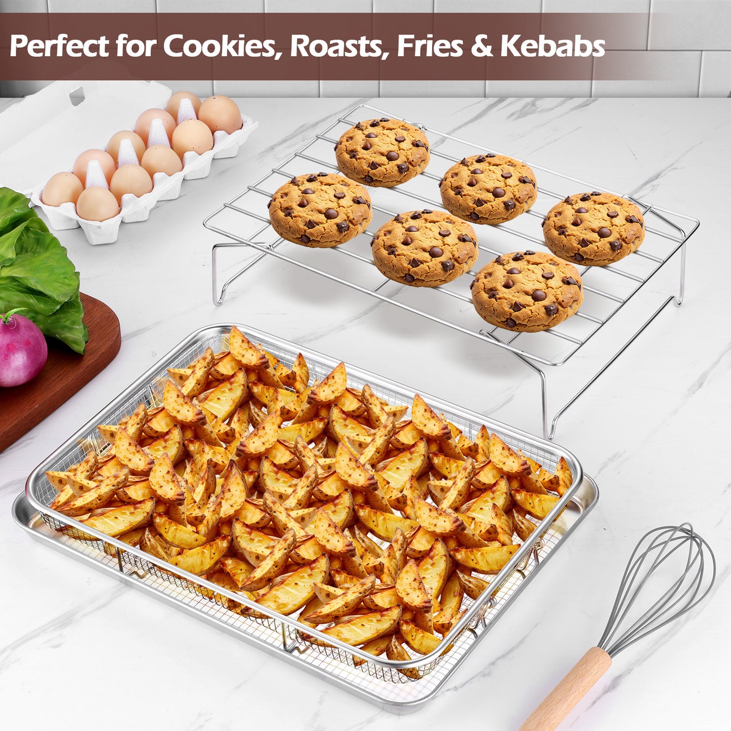 Vesteel 16 inch Air Fryer Pan with Basket Set of 4, Stainless Steel Air Fryer Grill Skewer Rack and 36Pcs Meat Skewers for Baking, Roasting, and Healthy Cooking, Dishwasher Safe