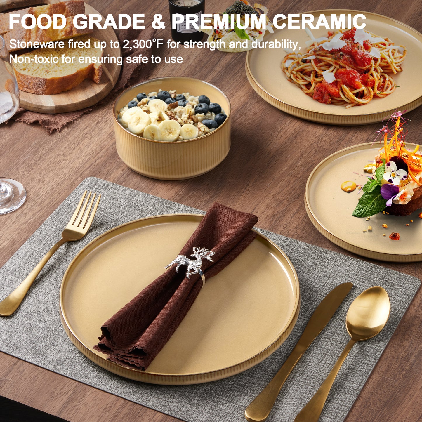 Vesteel Dinnerware Set for 4, 12-Piece Premium Stoneware Ribbed Dishes with Reactive Glaze, Chip & Scratch Resistant Plates and Bowls Set for Home Restaurant, Microwave and Dishwasher Safe - Khaki